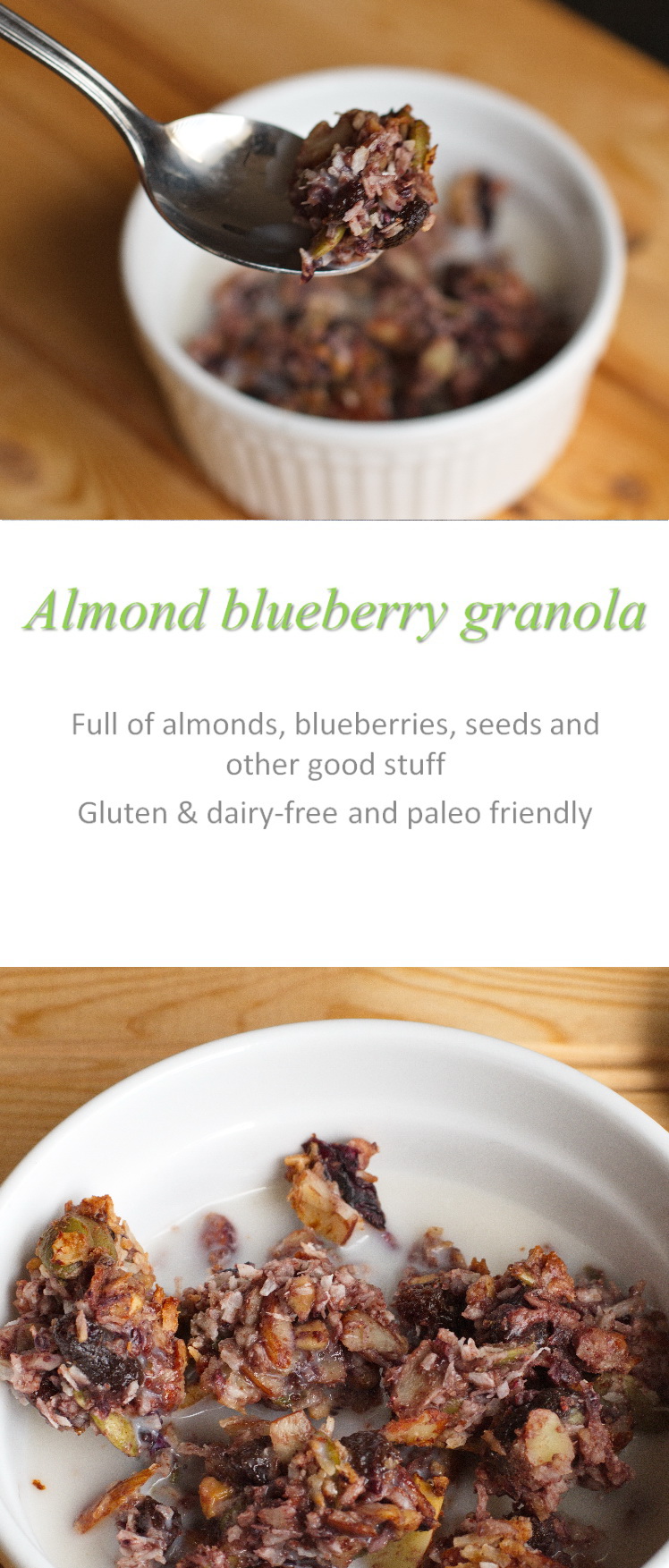 Almond blueberry granola made using almond butter and blueberry jam - gives this gluten and dairy-free granola a natural sweetness #granola