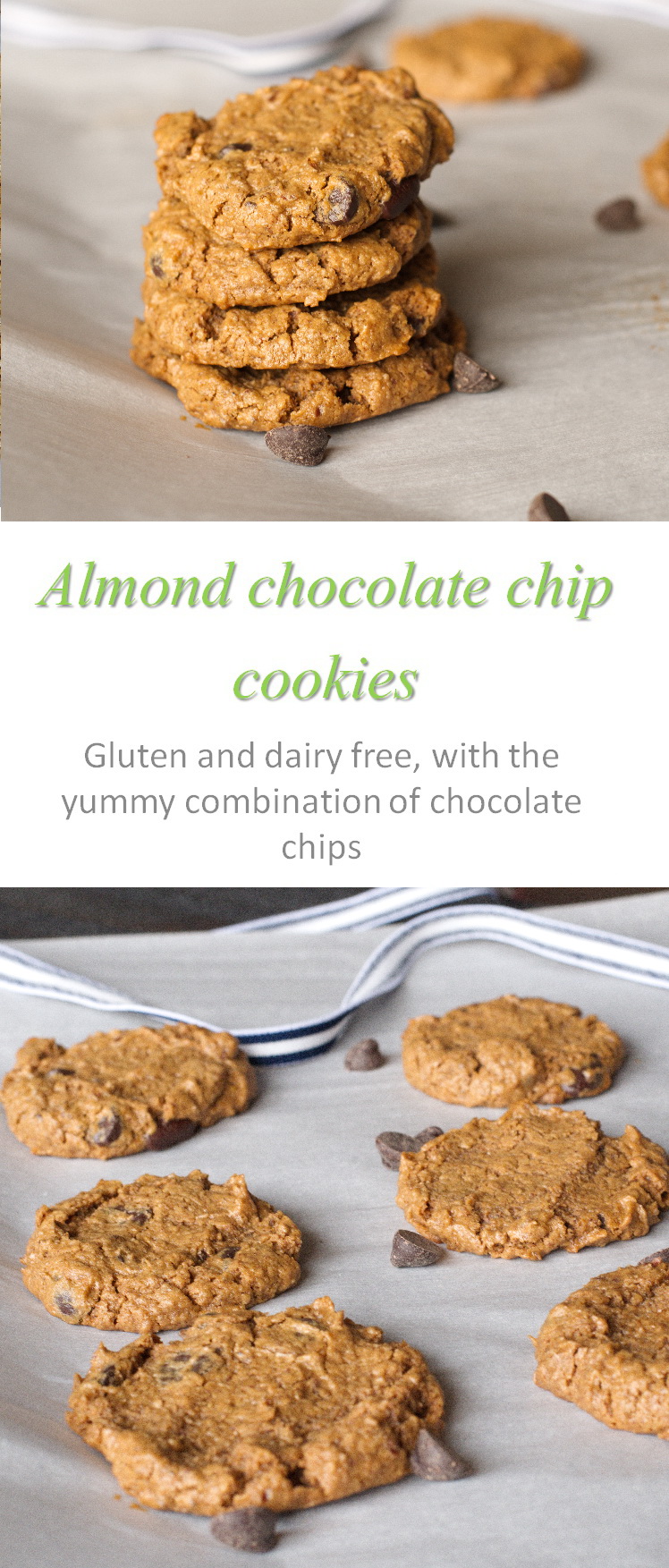 A different texture for flourless almond chocolate chip cookies, with bursts of chocolate chips and almond butter to tease your tastebuds. #cookies