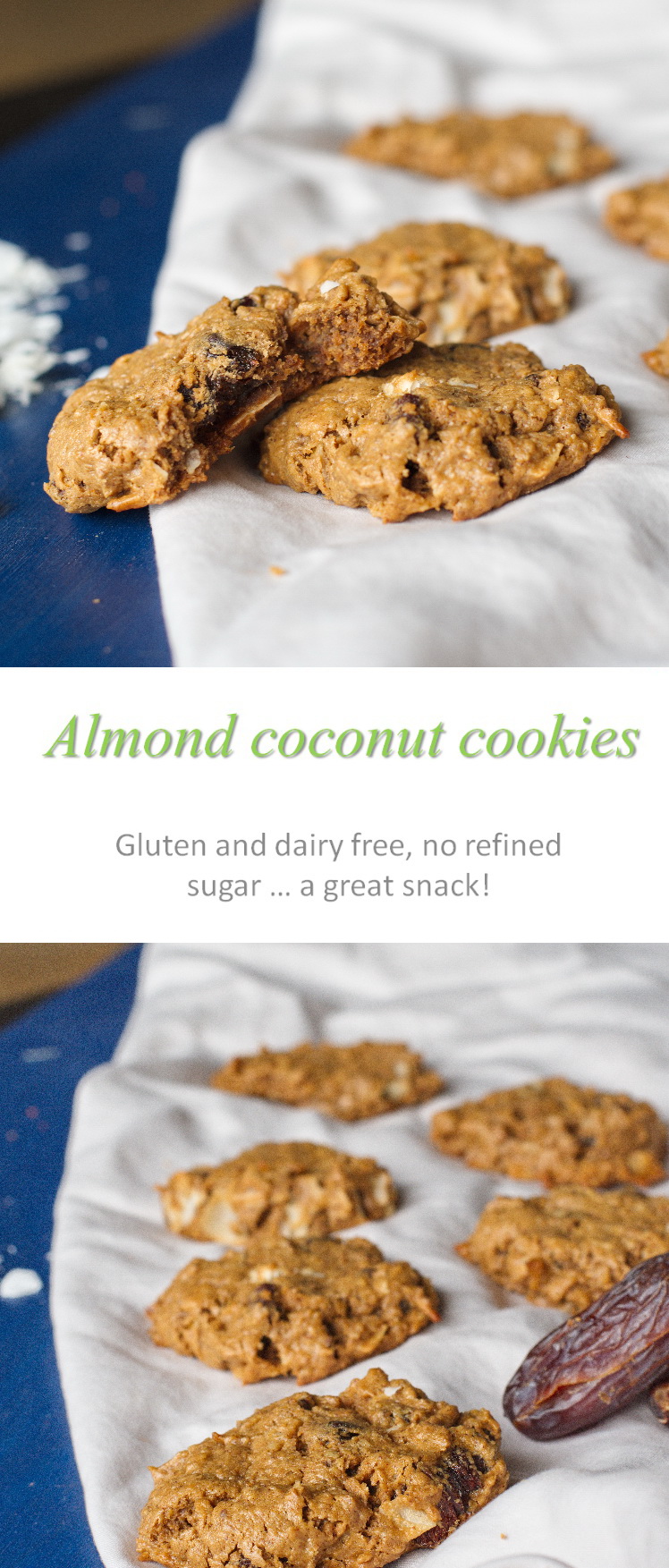 Gluten, dairy and refined sugar-free chewy and moist almond coconut cookies, with the added sweetness of dates! #cookies