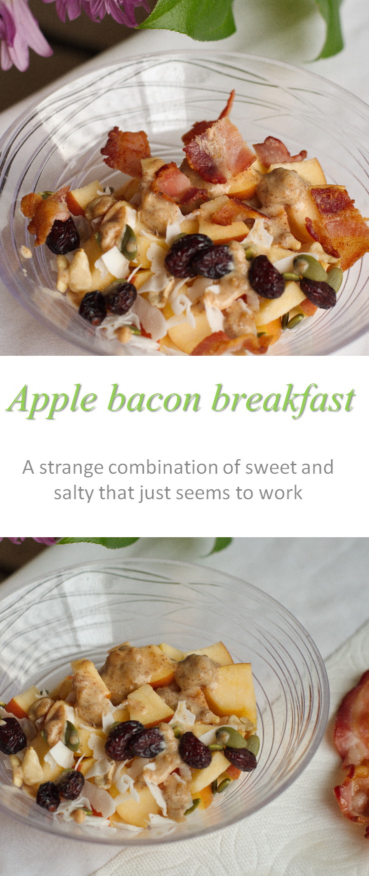 My strange but surprisingly yummy apple bacon breakfast - apple, trail mix, sunflower seed butter and ... bacon.  Because bacon makes everything better! #bacon #cookathome #glutenfree #dairyfree #paleo #whole30