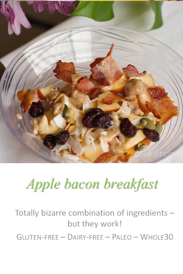 My strange but surprisingly yummy apple bacon breakfast - apple, trail mix, sunflower seed butter and ... bacon.  Because bacon makes everything better! #bacon #cookathome #glutenfree #dairyfree #paleo #whole30