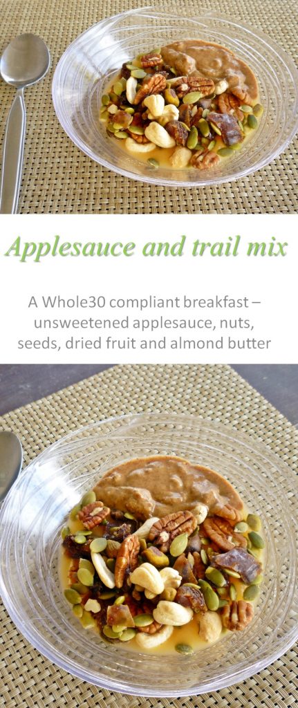 A Whole30 compliant breakfast - applesauce trail mix - full of fruit, nuts, seeds and yummy almond butter to keep you full for hours! #breakfast