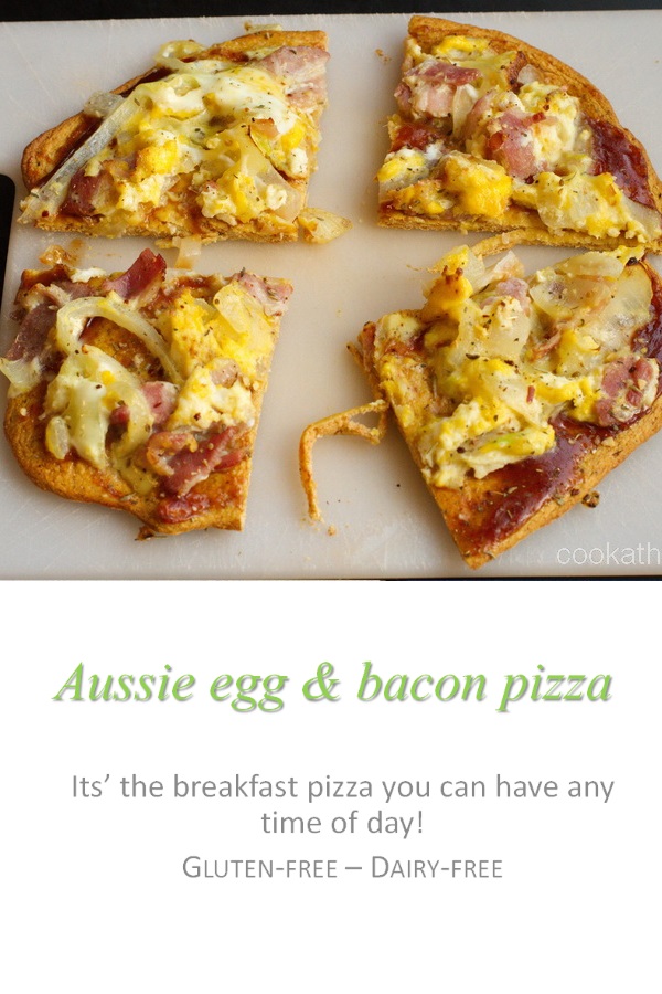 Not sure why it's called an Aussie egg and bacon pizza, but this re-creation of a family favorite hits the spot! #pizza #cookathome #glutenfree #dairyfree