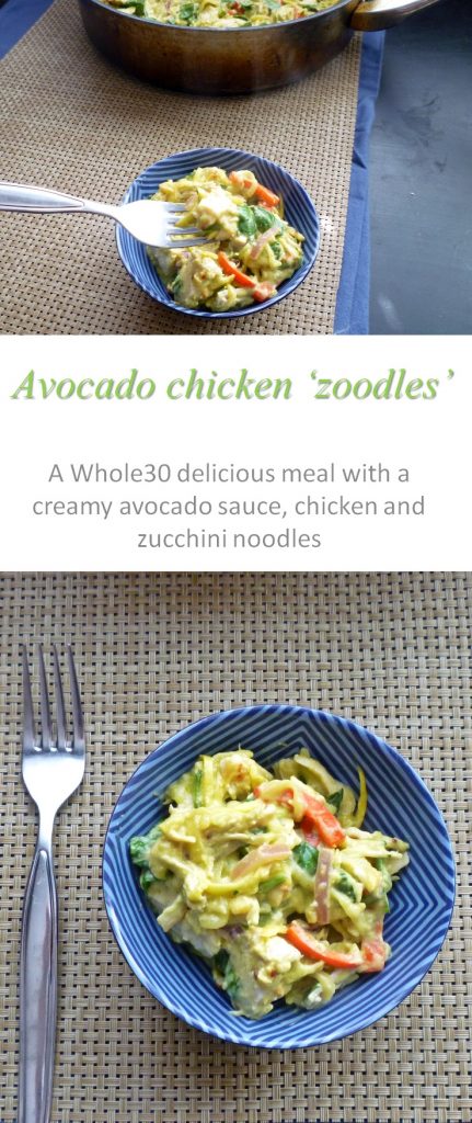 A creamy avocado chicken sauce over zucchini noodles makes this Whole30 meal very satisfying and a real crowd pleaser #avocado #whole30