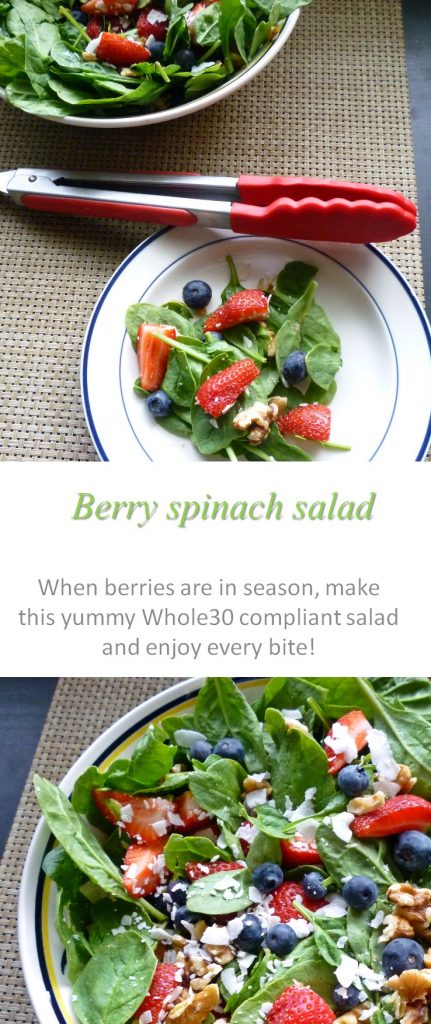 Berry spinach salad with strawberries, blueberries, coconut, walnuts and spinach - you have gotta try this Whole30 compliant salad! #salad