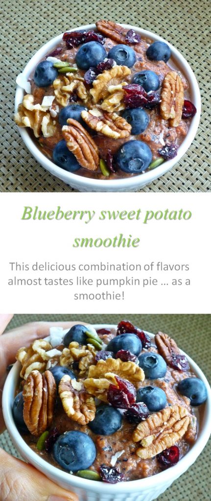 Blueberries and sweet potatoes.  In a smoothie.  This blueberry sweet potato smoothie tastes kind of like pumpkin pie.  And so yummy! #smoothie