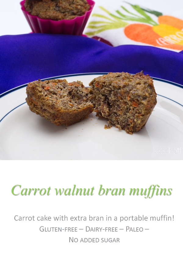 Carrot walnut bran muffins, with no added sugar - yummy enough for a snack, healthy enough for breakfast! #muffin #carrots #paleo #cookathome #glutenfree #dairyfree #noaddedsugar