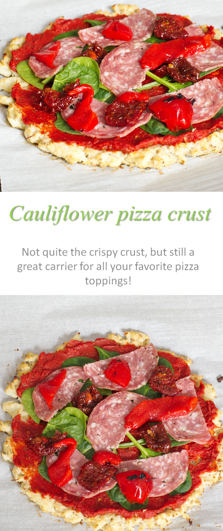 This cauliflower pizza crust is a gluten-free carrier for pizza toppings, but a crispy pizza crust it isn't! #pizza