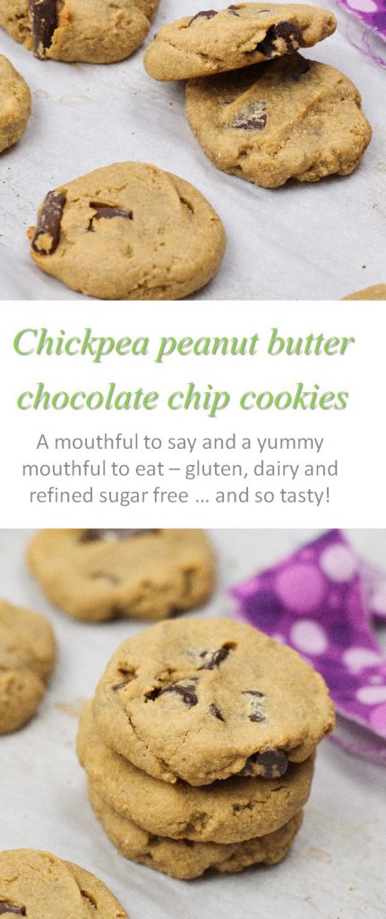 This gluten and dairy free chickpea peanut butter cookie recipe is a completely different texture to most chocolate chip cookies - but oh so yummy! #chickpea