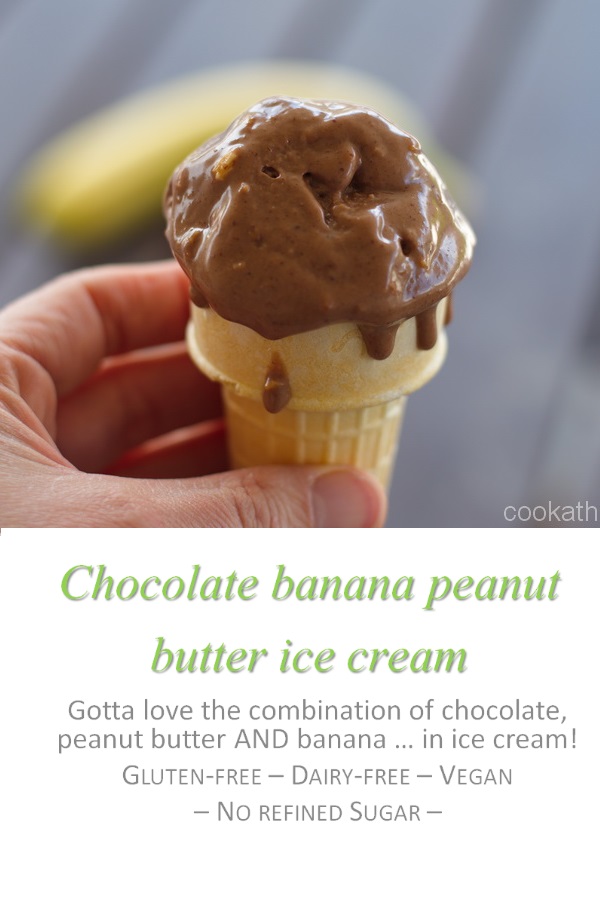 This chocolate banana peanut butter ice cream takes chocolate and peanut butter ice cream to another level with the additional banana in it! #icecream #cookathome #glutenfree #dairyfree #vegan