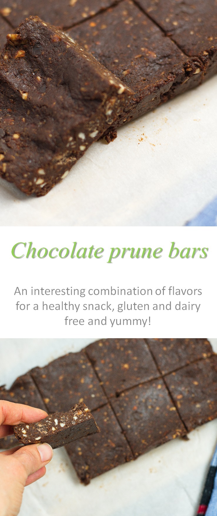 Chocolate prune bars with all healthy ingredients, using nuts and seeds for extra crunch and a rich chocolate taste.  #prunes