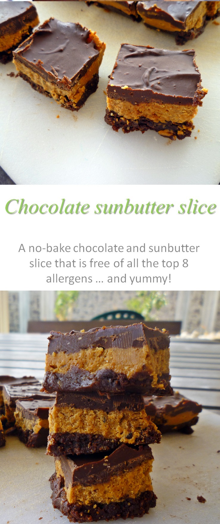 A no-bake chocolate sunbutter slice, free of all the top 8 allergens, perfect for any occasion and so yummy! #sunbutter