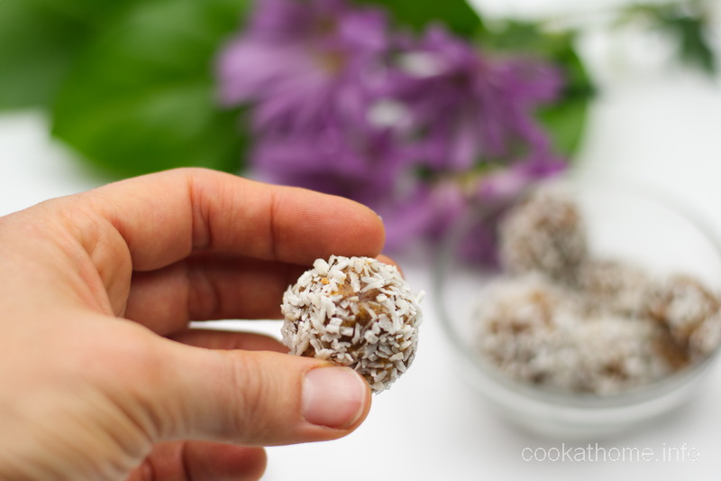 A yummy, simple recipe that has only 3 ingredients - peanut butter, raisins and coconut (with a little vanilla). These coconut peanut butter balls are really easy, no added sugar, so healthy! #peanutbutter