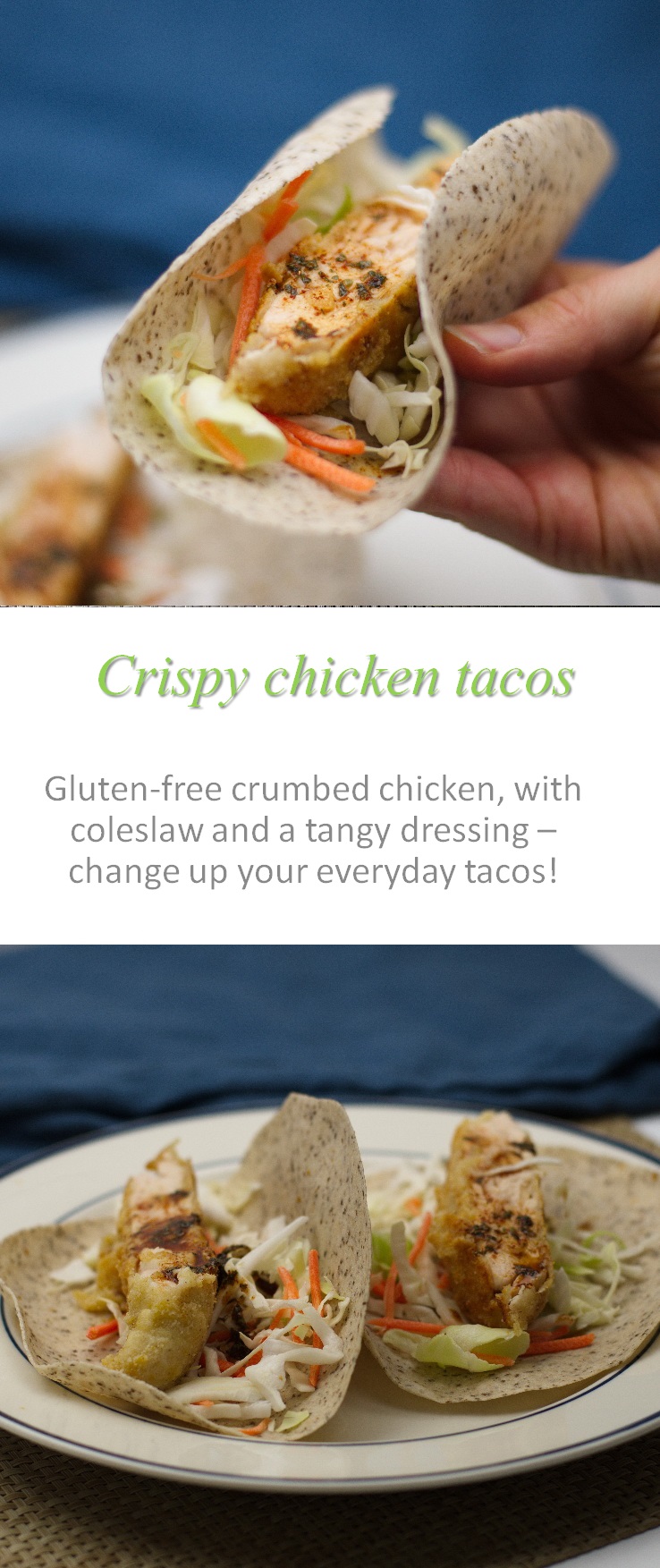 Crispy chicken strips, with a sweet honey & lime marinade, topped with coleslaw on a tortilla wraps to make a different version of tacos. These crispy chicken tacos are Yum!