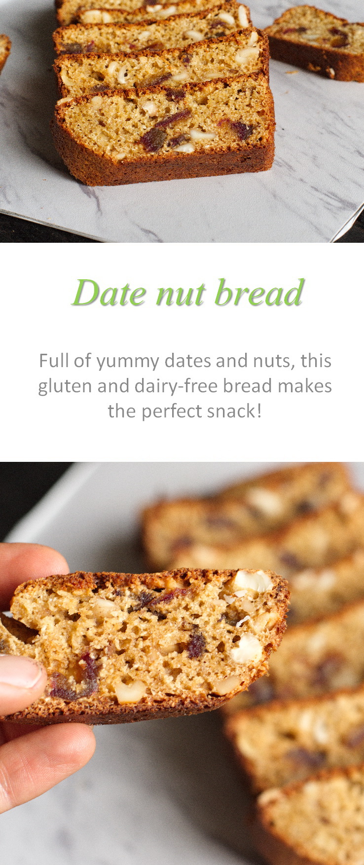 This date nut bread is a moist, fruity gluten and dairy-free bread using dates, with nuts for some crunch, and is the perfect snack! #dates