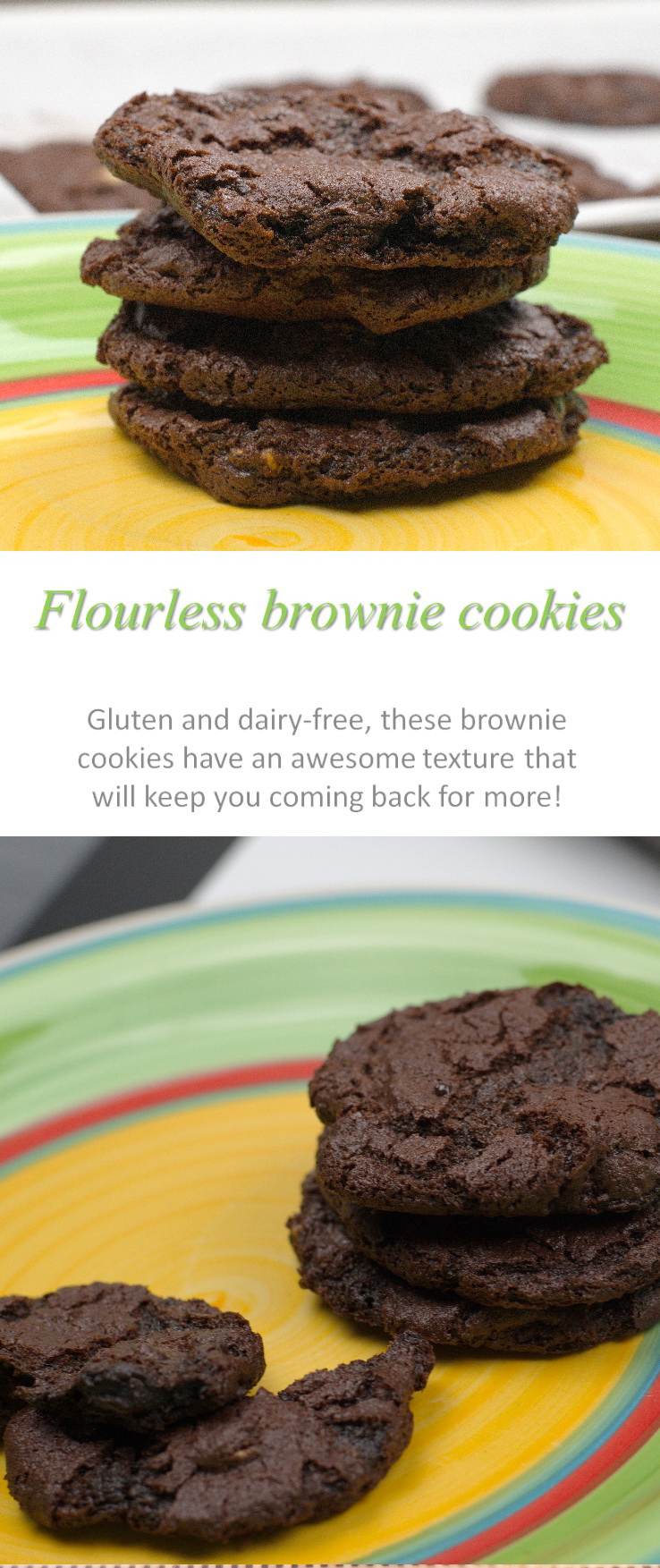 Rich and cake-like flourless brownie cookies that are gluten and dairy-free with an awesome texture. #brownies