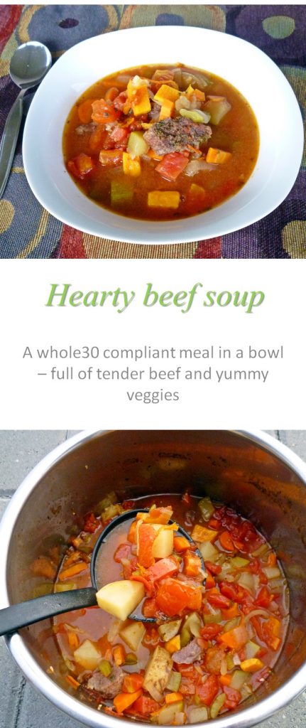 A whole30 compliant meal in a bowl - this hearty beef soup is full of tender meat chunks and yummy veggies #soup