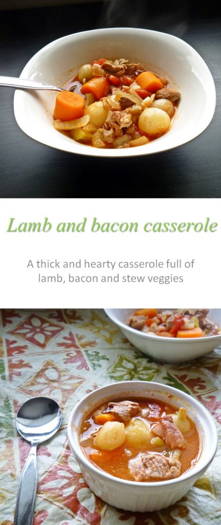 This lamb and bacon casserole is a family favorite, combining tender lamb chunks with bacon and a whole lot of veggies #casserole #cookathome #glutenfree #dairyfree #paleo