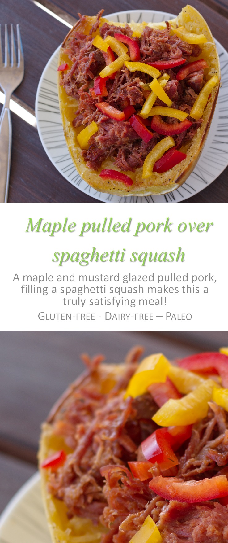 A decadent maple glaze with pulled pork, all in a spaghetti squash - what’s not to love? #maple #pork #cookathome #glutenfree #dairyfree #paleo