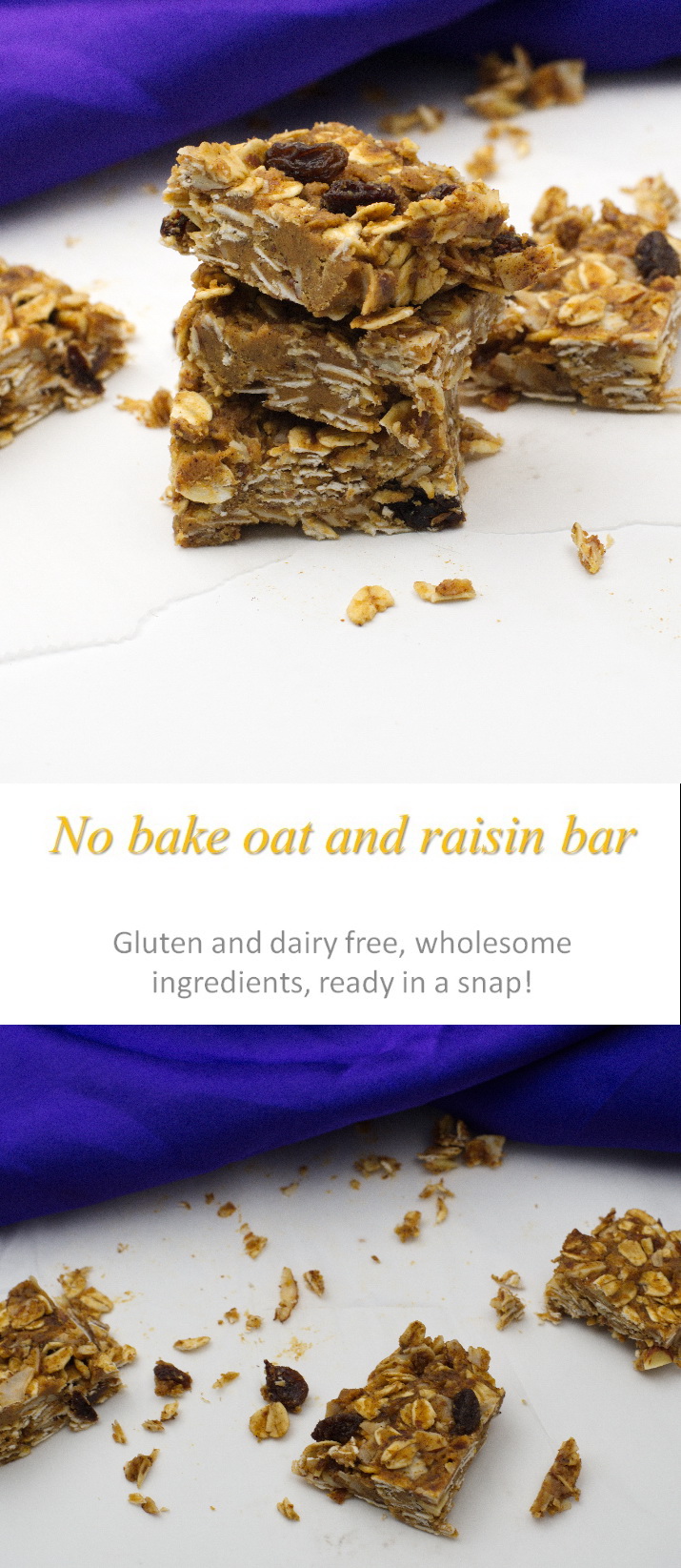 A healthy no-bake oat and raisin bar.  Full of oats and raisins.  And peanut butter.  Lots of peanut butter! #nobake