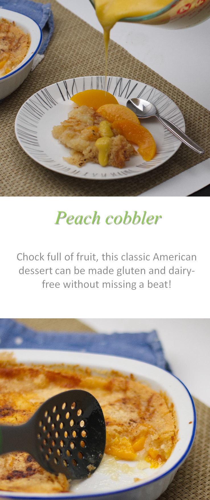 This peach cobbler is a great way to use up a whole heap of peaches - with lots of peeled and cut peaches required, but really easy to make. #peachcobbler #cookathome #glutenfree #dairyfree