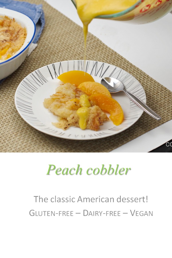 This peach cobbler is a great way to use up a whole heap of peaches - with lots of peeled and cut peaches required, but really easy to make. #peachcobbler #cookathome #glutenfree #dairyfree