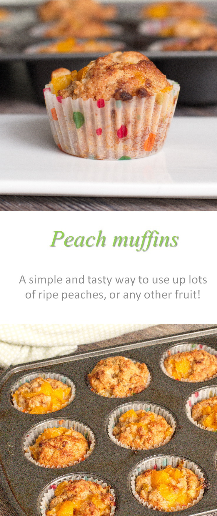 Peach muffins that are gluten and dairy-free  - really soft and moist, and yummy straight from the freezer.  #peach