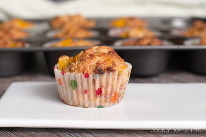 Peach muffins that are gluten and dairy-free  - really soft and moist, and yummy straight from the freezer. #peach