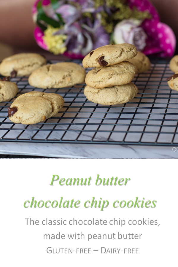 These peanut butter choc chip cookies are a yummy combination of peanut butter and chocolate chips in an irresistible cookie form #peanutbutter #cookies #cookathome #glutenfree #dairyfree