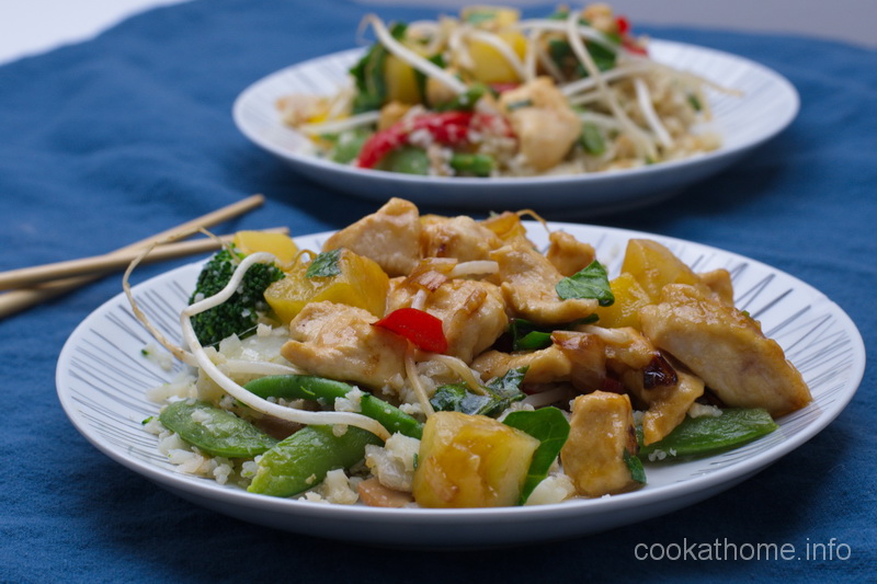 This Whole30 compliant pineapple chicken stir fry has sweetness from just the pineapple and is chock full of so many other veggies! #pineapple