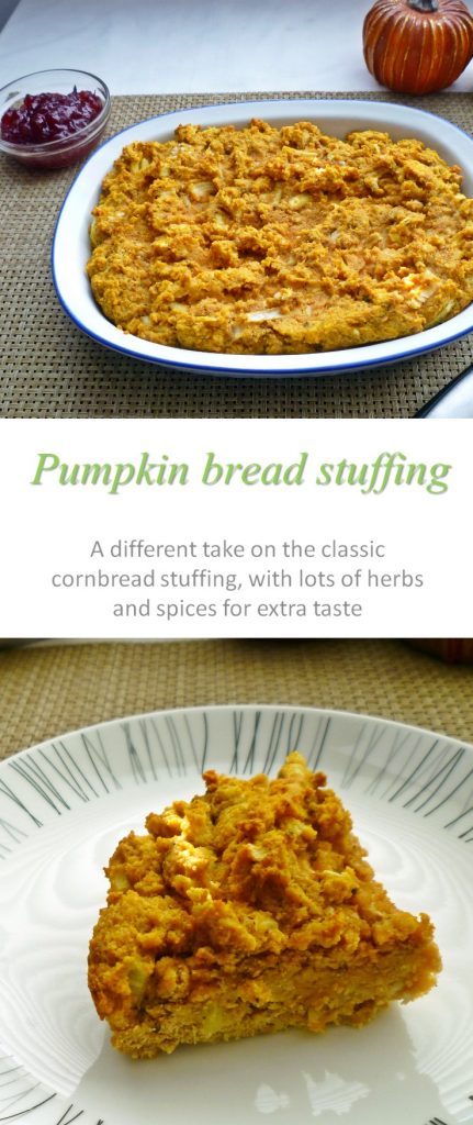 A savory pumpkin bread stuffing with some veggies and herbs makes a yummy side dish to any meat and for any occasion, Paleo-friendly with no added sugar!  #stuffing