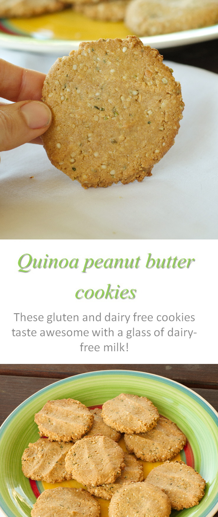 These quinoa peanut butter cookies are chewy, moist, gluten and dairy-free with no eggs - but so yum! #quinoa #cookies #cookathome #glutenfree #dairyfree #vegan