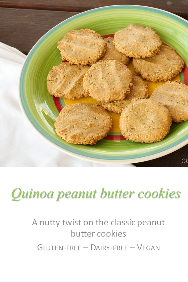 These quinoa peanut butter cookies are chewy, moist, gluten and dairy-free with no eggs - but so yum! #quinoa #cookies #cookathome #glutenfree #dairyfree #vegan