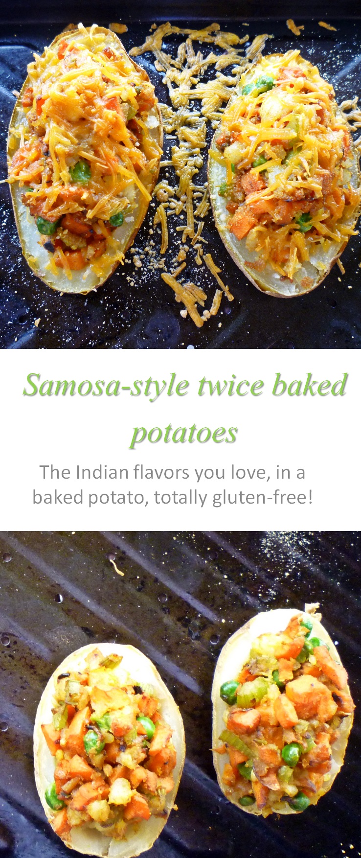 Twice-baked potatoes, with a samosa-style filling - who needs Indian takeout when you can make these samosa baked potatoes at home? #bakedpotatoes