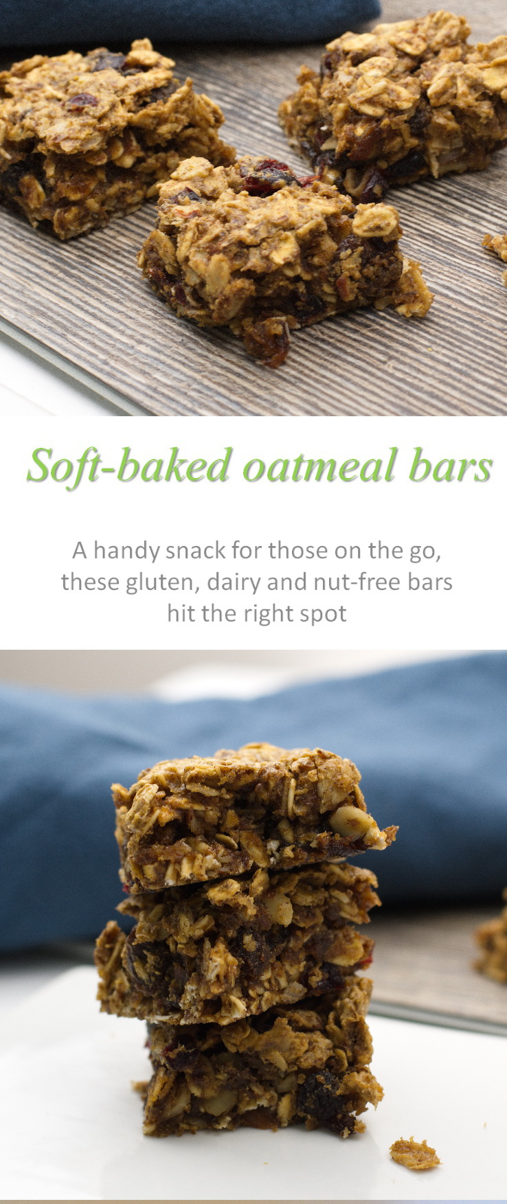 A healthy gluten-free, dairy-free and nut-free soft-baked oatmeal bar, full of soft and chewy oat-ey goodness! #oatmeal