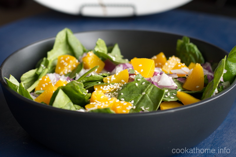 This spinach peach salad is a fresh take on salads, with yummy peaches, spinach and some nuts/seeds, dressed with an amazing balsamic and mustard mixture. #peach #salad #cookathome #glutenfree #dairyfree #vegan