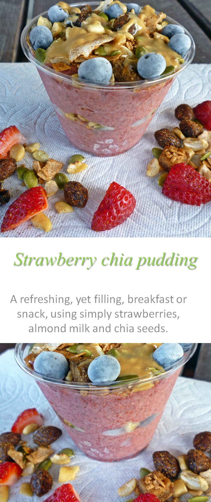 A refreshing breakfast, this strawberry chia pudding, topped with trail mix and nut butter, will keep you full for ages! #chiapudding