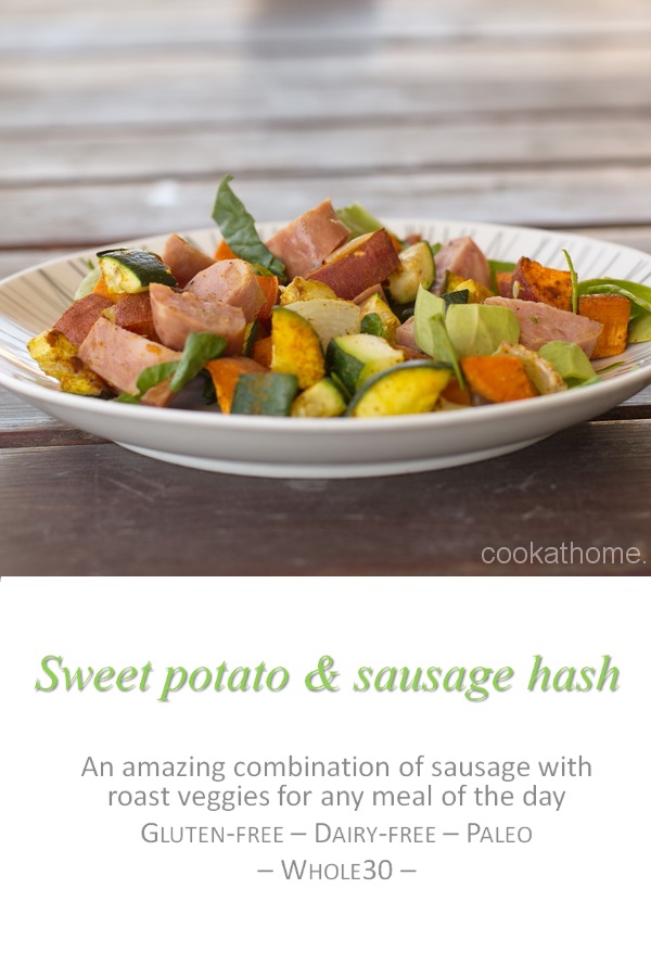 A savory and satisfying sweet potato and sausage hash containing so many veggies, and a chicken sausage to get you through to the next meal #hash #cookathome #glutenfree #dairyfree #paleo #whole30