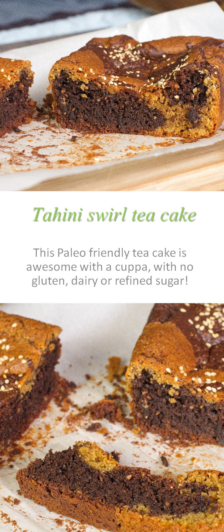 A nutty, seedy taste for this tahini swirl tea cake - the perfect accompaniment to any cuppa, hot or cold! #tahini #teacake #paleo #cookathome #glutenfree #dairyfree