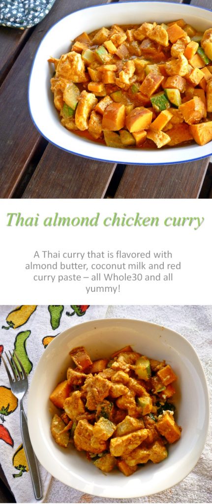 Almonds, pumpkin (or sweet potato), zucchini combined with your choice of protein - an awesome gluten-free Thai almond chicken curry you've just got to try! #curry