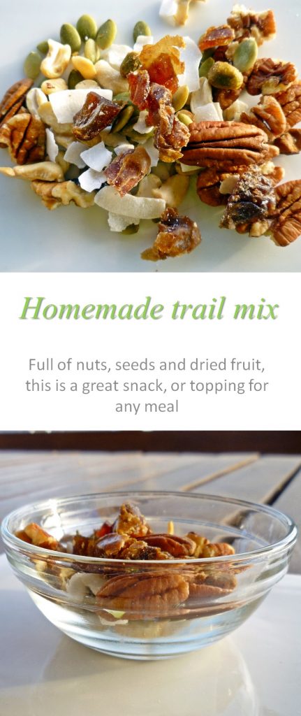 A snack, or a topping for any breakfast, this trail mix is full of healthy nuts, dried fruit and seeds. #trailmix