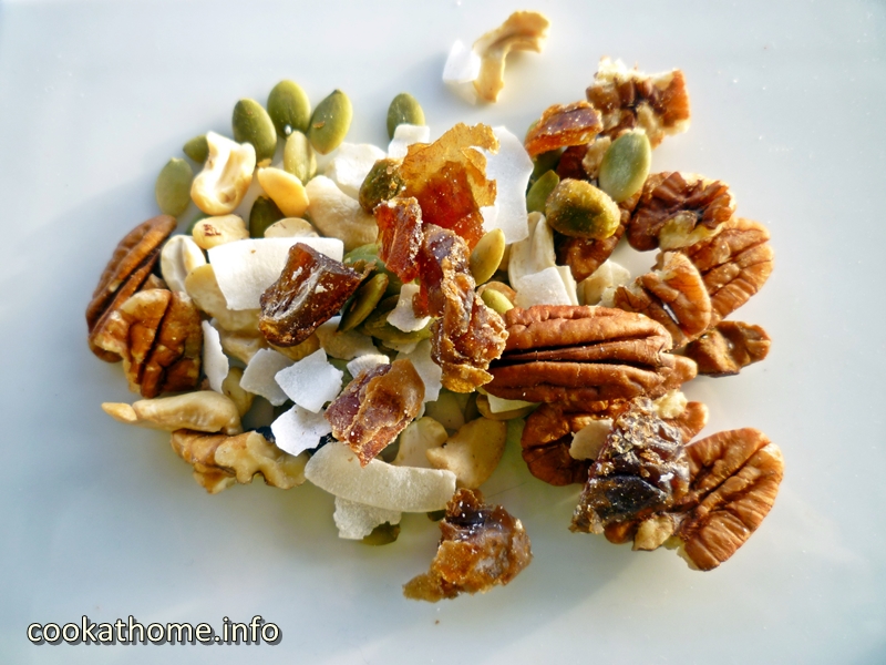 A snack, or a topping for any breakfast, this trail mix is full of healthy nuts, dried fruit and seeds. #trailmix