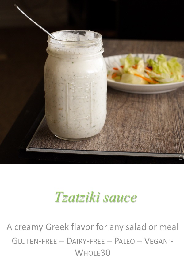 An awesome dairy-free tzatziki dressing for any salad, burger or just for dipping! #tzatziki #cookathome #glutenfree #dairyfree
