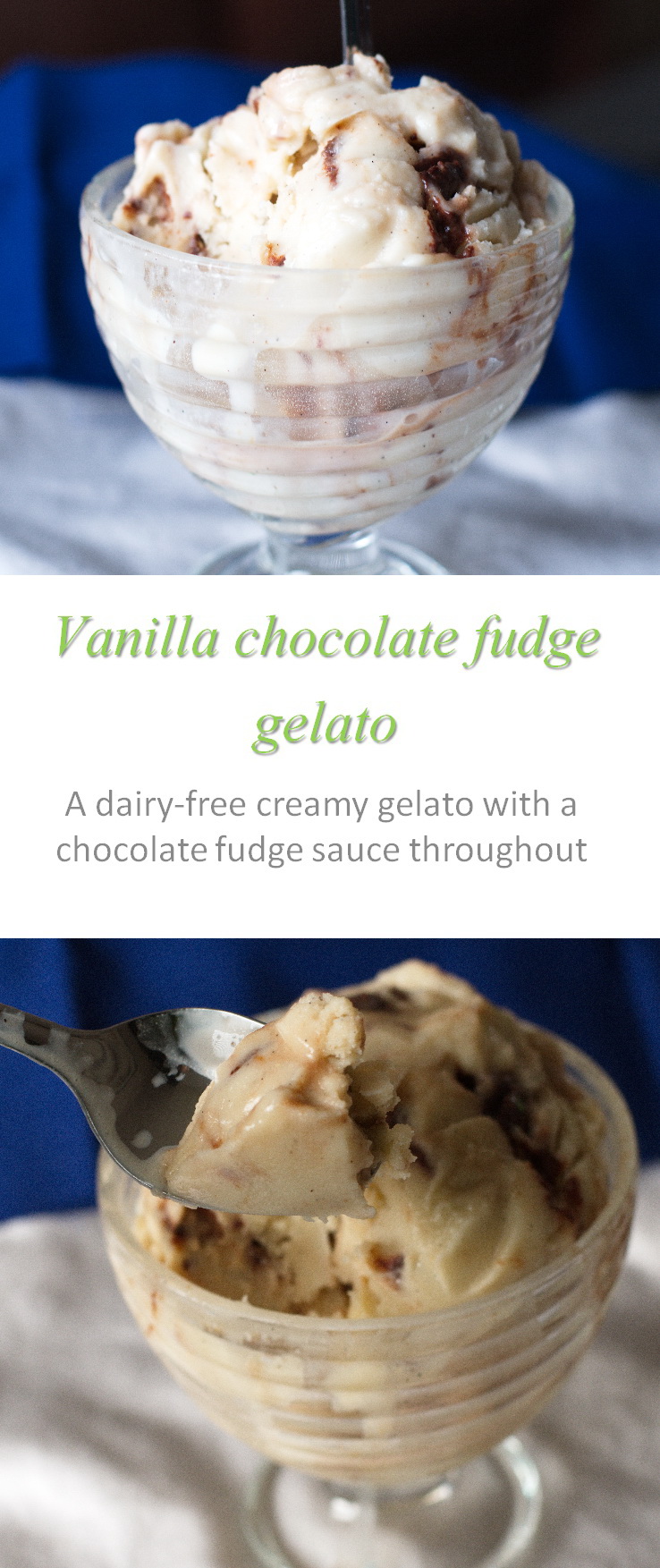 This dairy-free vanilla chocolate fudge swirl gelato is tasty and creamy with a yummy chocolate fudge swirl throughout. #gelato