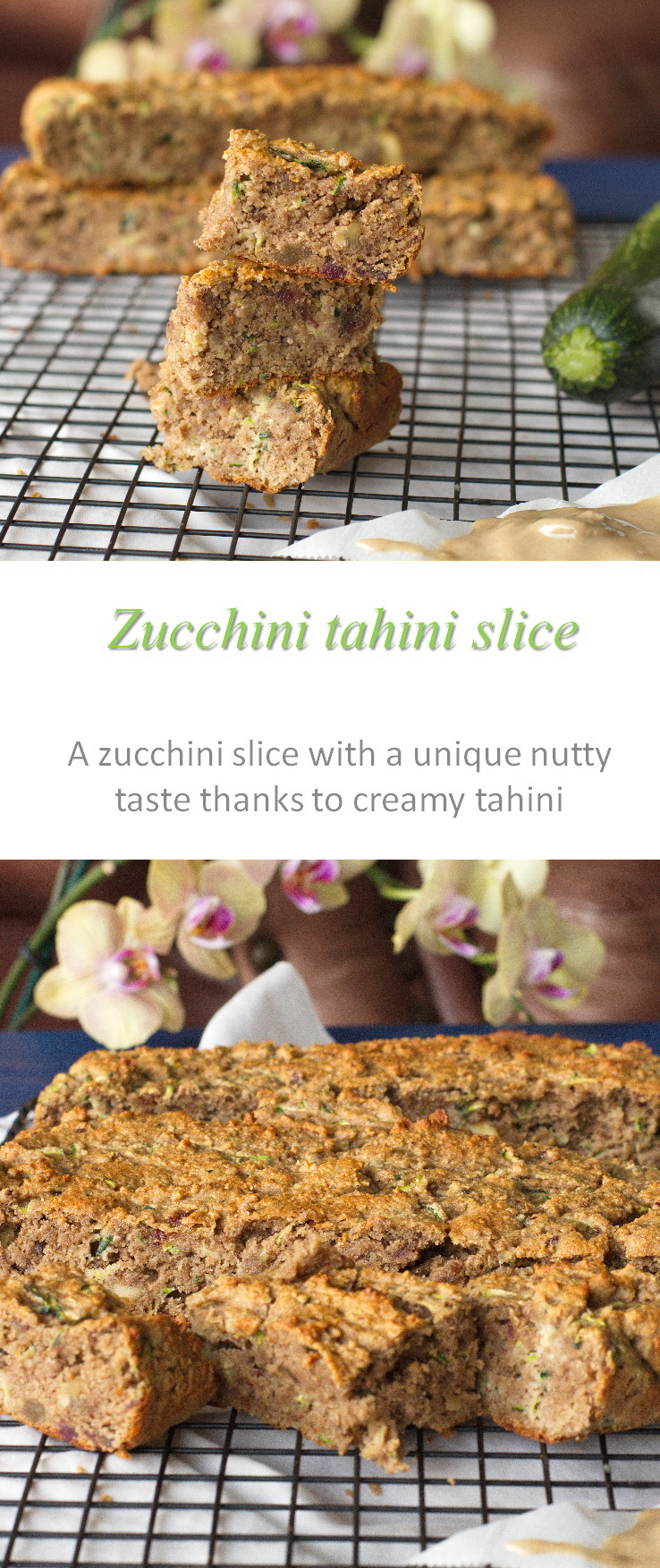 A healthy, Paleo-friendly zucchini tahini slice with a unique nutty taste and texture - a winner all round! #zucchini #tahini #cookathome #glutenfree #dairyfree #noaddedsugar