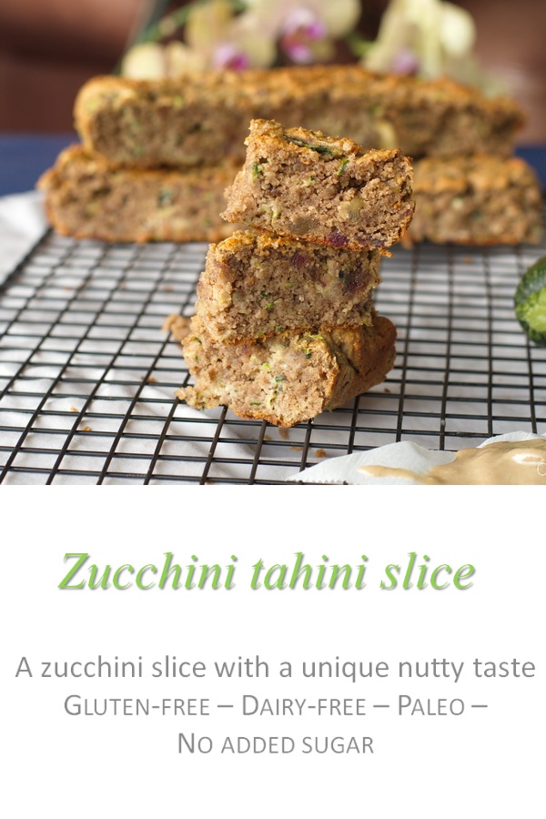A healthy, Paleo-friendly zucchini tahini slice with a unique nutty taste and texture - a winner all round! #zucchini #tahini #cookathome #glutenfree #dairyfree #noaddedsugar